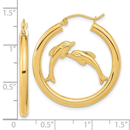 14K Yellow Gold Polished Dolphins Hoop Earrings