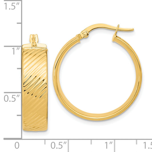 14K Yellow Gold 8mm Polished & Textured Hinged Hoop Earrings