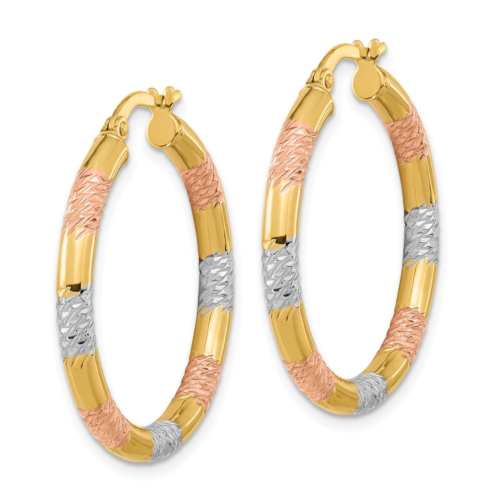 14K Yellow & Rhodium With Rose And White Diamond-Cut 3.0mm Hoop Earrings