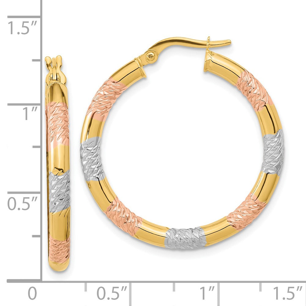 14K Yellow & Rhodium With Rose And White Diamond-Cut 3.0mm Hoop Earrings