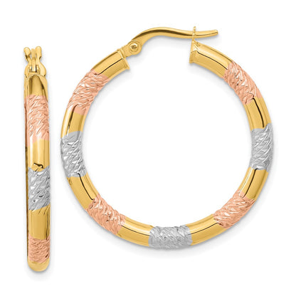 14K Yellow & Rhodium With Rose And White Diamond-Cut 3.0mm Hoop Earrings