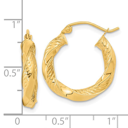 14K Yellow Gold Polished & D/C Twist Hoop Earrings