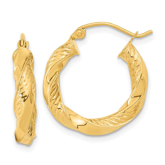 14K Yellow Gold Polished & D/C Twist Hoop Earrings