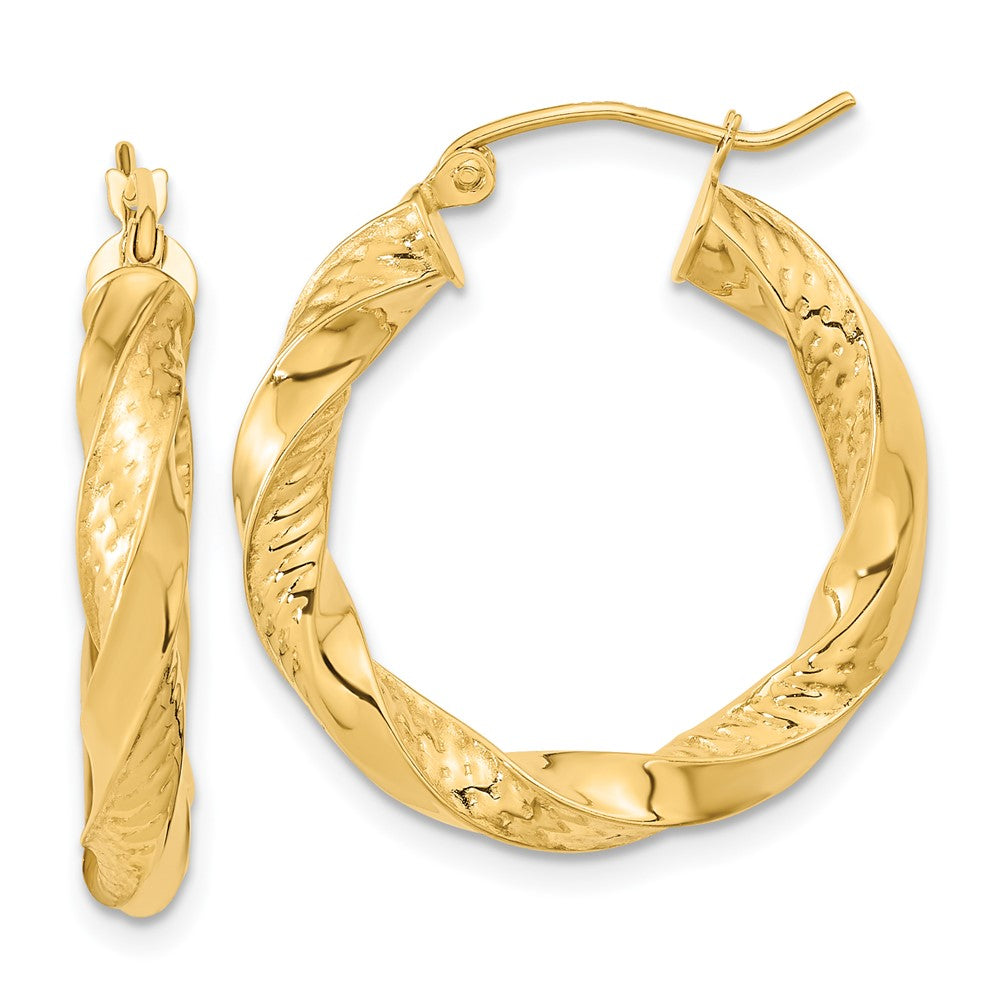 14K Yellow Gold Polished & D/C Twist Hoop Earrings