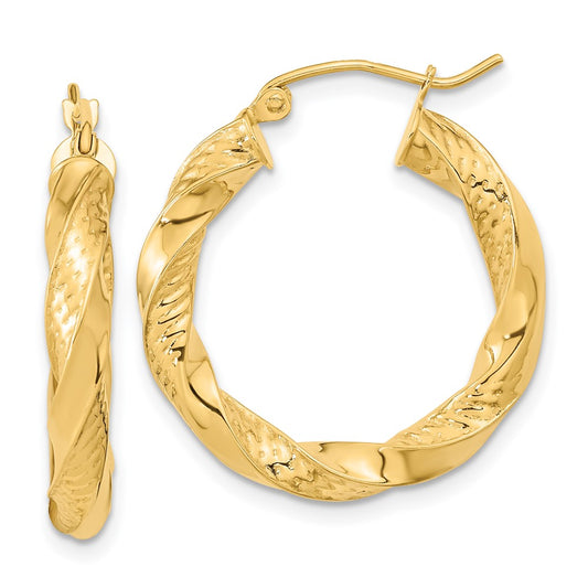 14K Yellow Gold Polished & D/C Twist Hoop Earrings