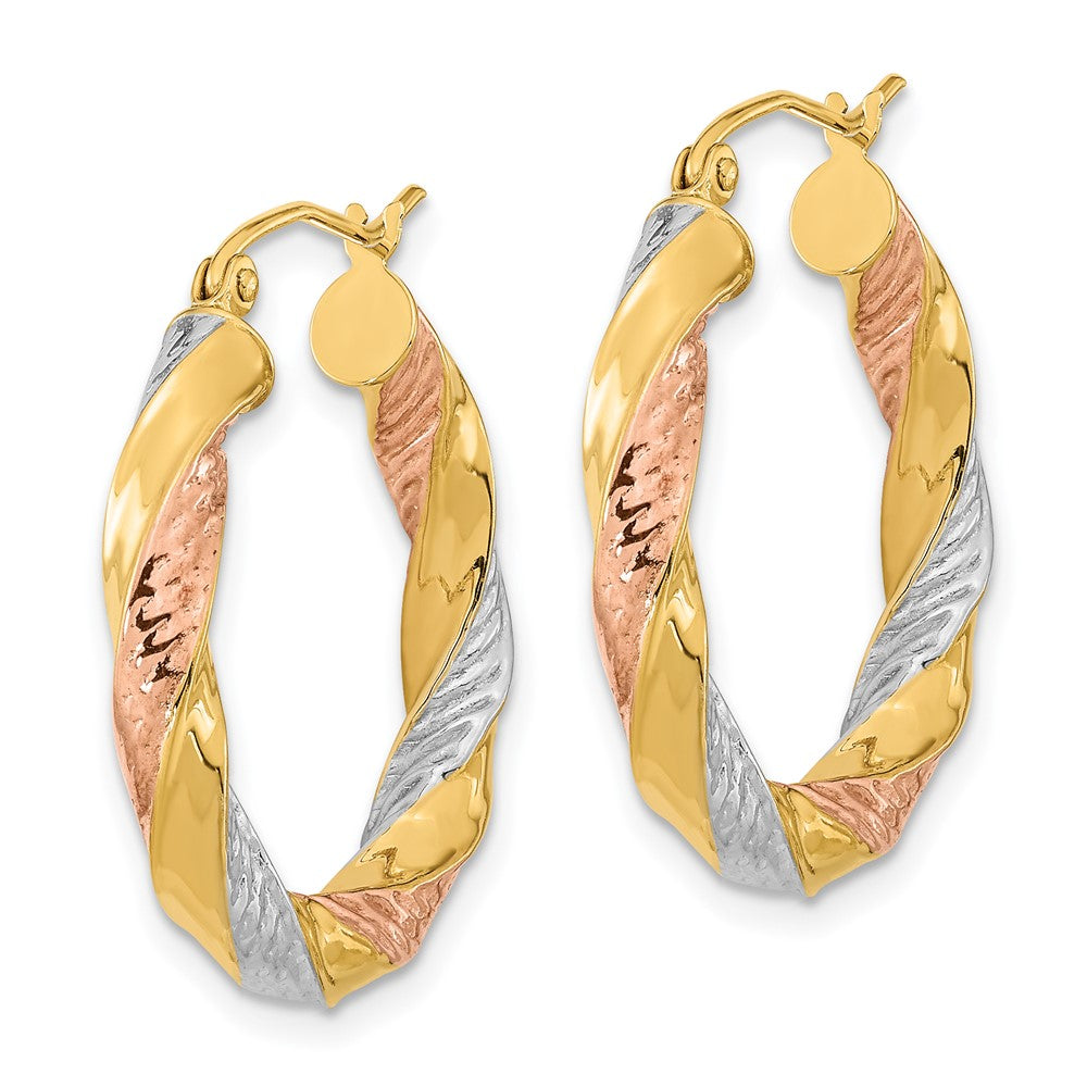 14K Yellow & Rhodium W/ White/Rose Rh Polished D/C Twist Hoop Earrings