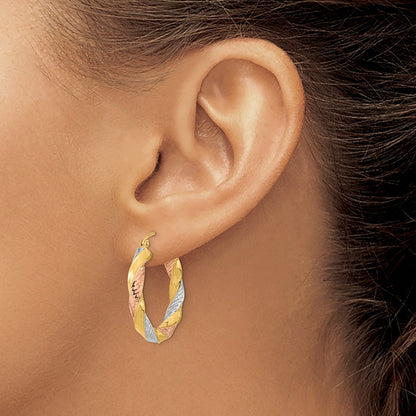 14K Yellow & Rhodium W/ White/Rose Rh Polished D/C Twist Hoop Earrings
