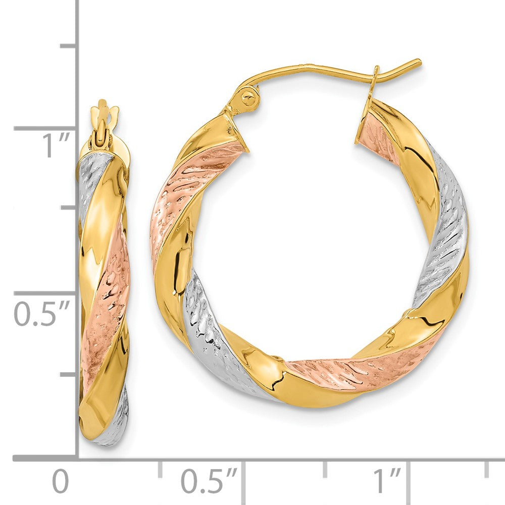 14K Yellow & Rhodium W/ White/Rose Rh Polished D/C Twist Hoop Earrings