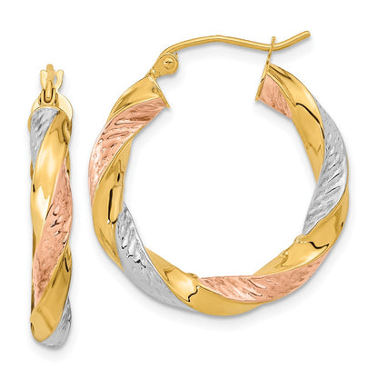 14K Yellow & Rhodium W/ White/Rose Rh Polished D/C Twist Hoop Earrings