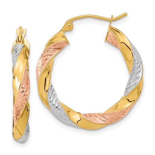 14K Yellow & Rhodium W/ White/Rose Rh Polished D/C Twist Hoop Earrings