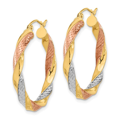 14K Yellow & Rhodium Tri-Color Polished D/C Twist Hoop Earrings