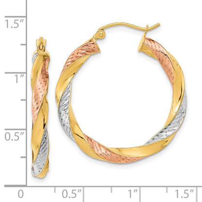 14K Yellow & Rhodium Tri-Color Polished D/C Twist Hoop Earrings