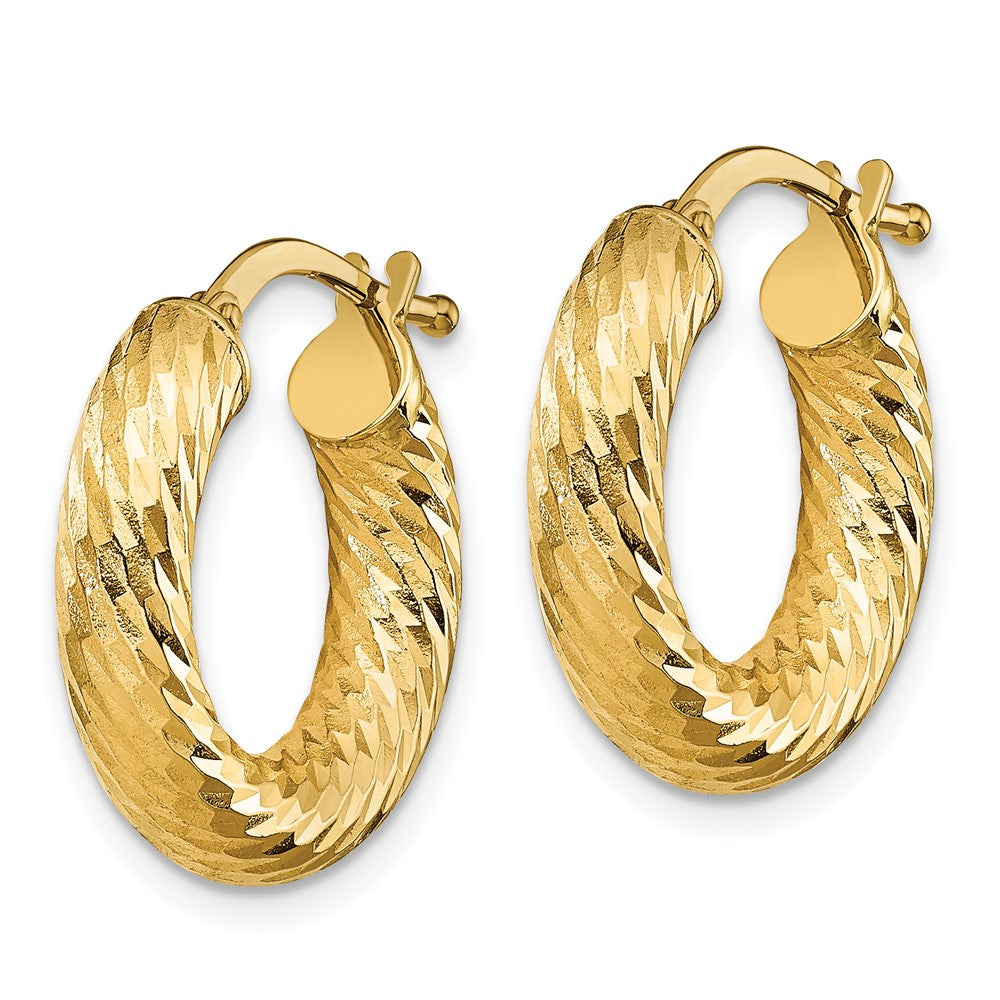 14K Yellow Gold 4X10mm Diamond-Cut Round Hoop Earrings