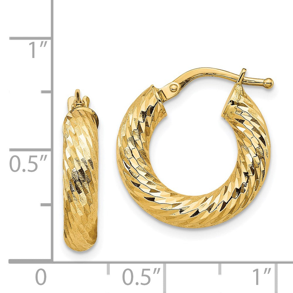 14K Yellow Gold 4X10mm Diamond-Cut Round Hoop Earrings