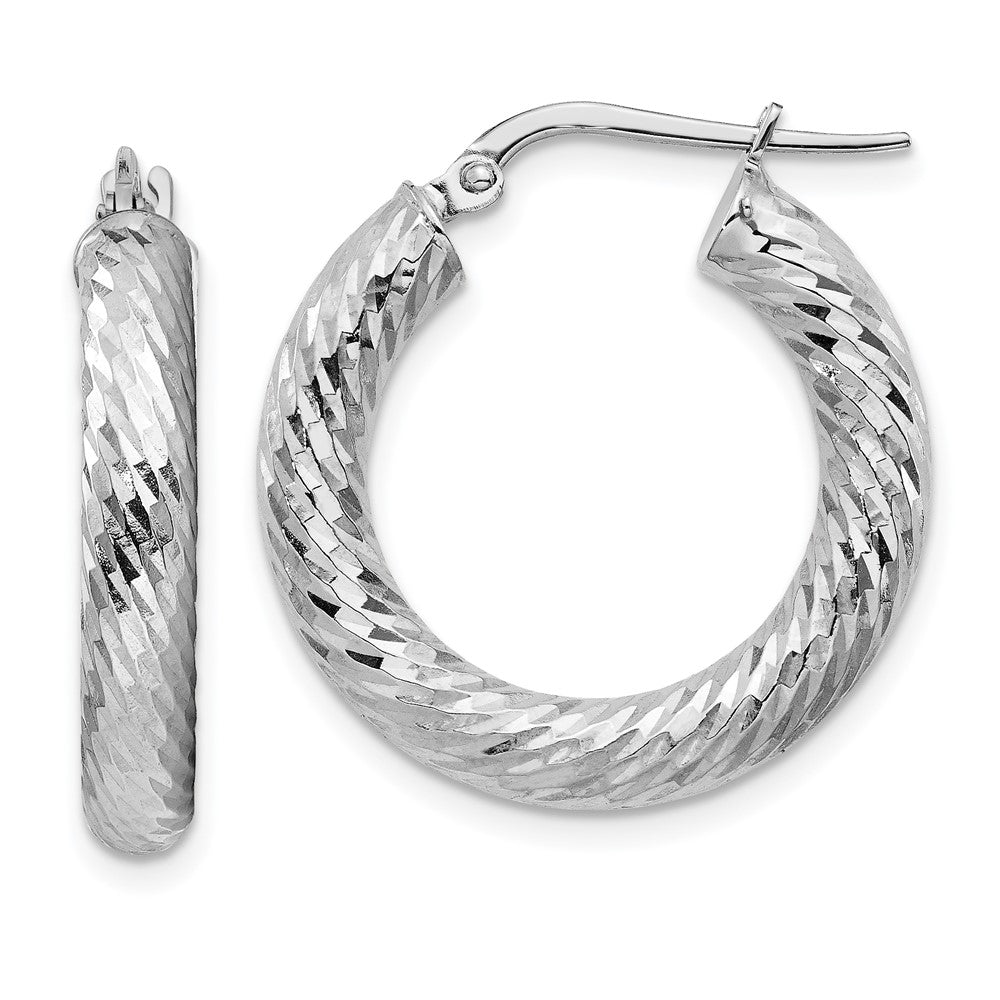 14K White Gold 4X15mm Diamond-Cut Round Hoop Earrings