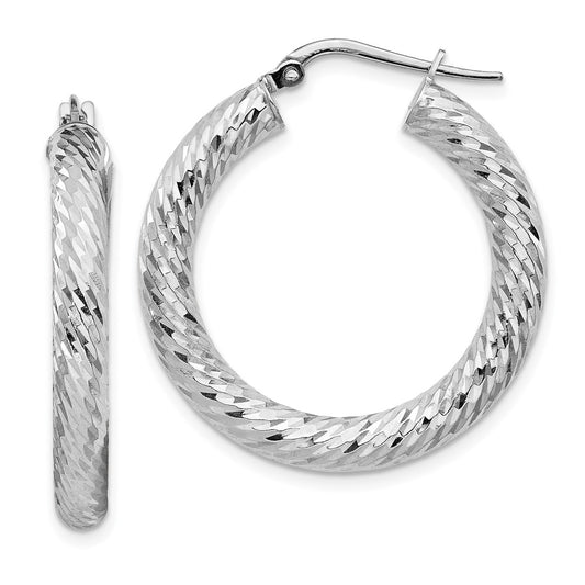 14K White Gold 4X20mm Diamond-Cut Round Hoop Earrings