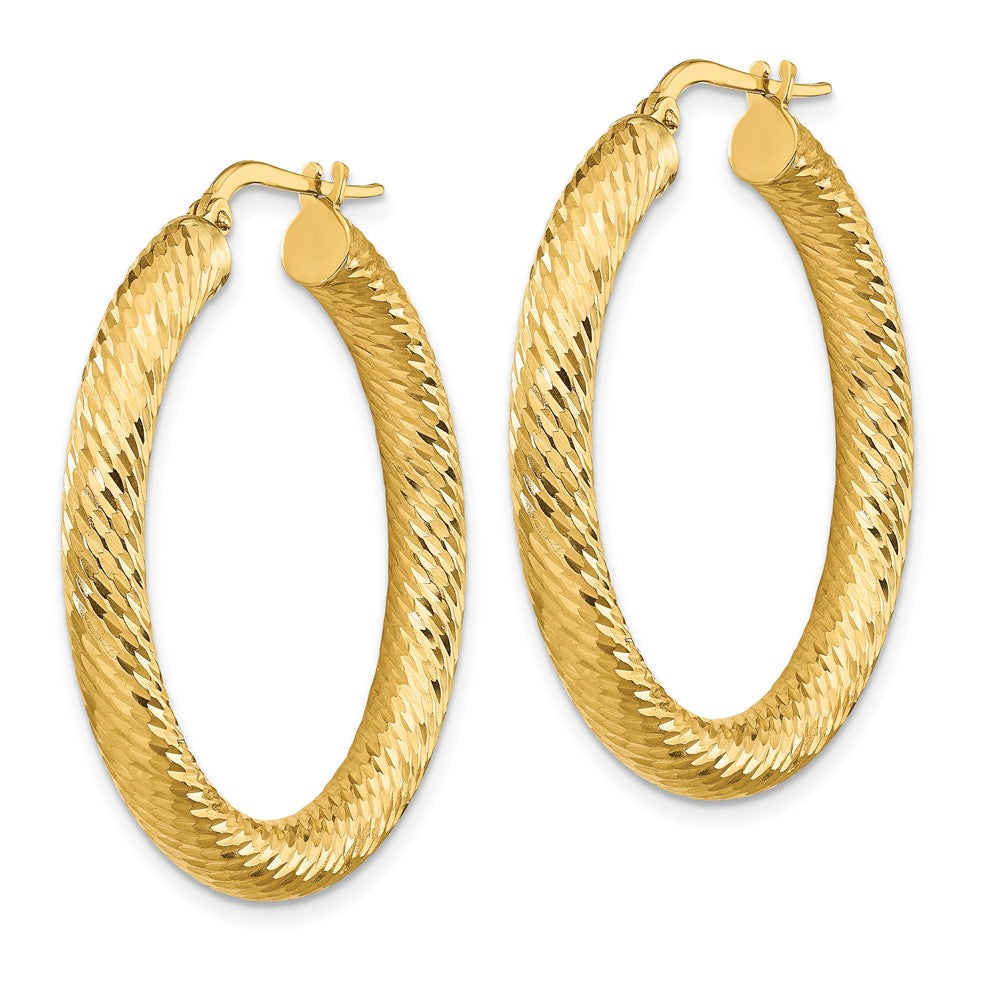 14K Yellow Gold 4X25mm Diamond-Cut Round Hoop Earrings