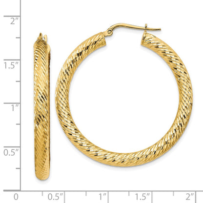 14K Yellow Gold 4X30mm Diamond-Cut Round Hoop Earrings