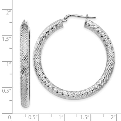 14K White Gold 4X30mm Diamond-Cut Round Hoop Earrings