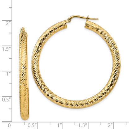 14K Yellow Gold 4X35mm Diamond-Cut Round Hoop Earrings
