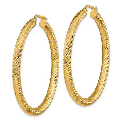 14K Yellow Gold 4X50mm Diamond-Cut Round Hoop Earrings