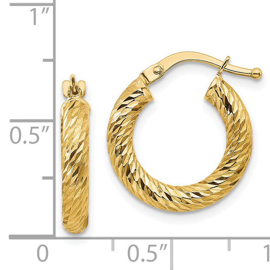 14K Yellow Gold 3X10mm Diamond-Cut Round Hoop Earrings
