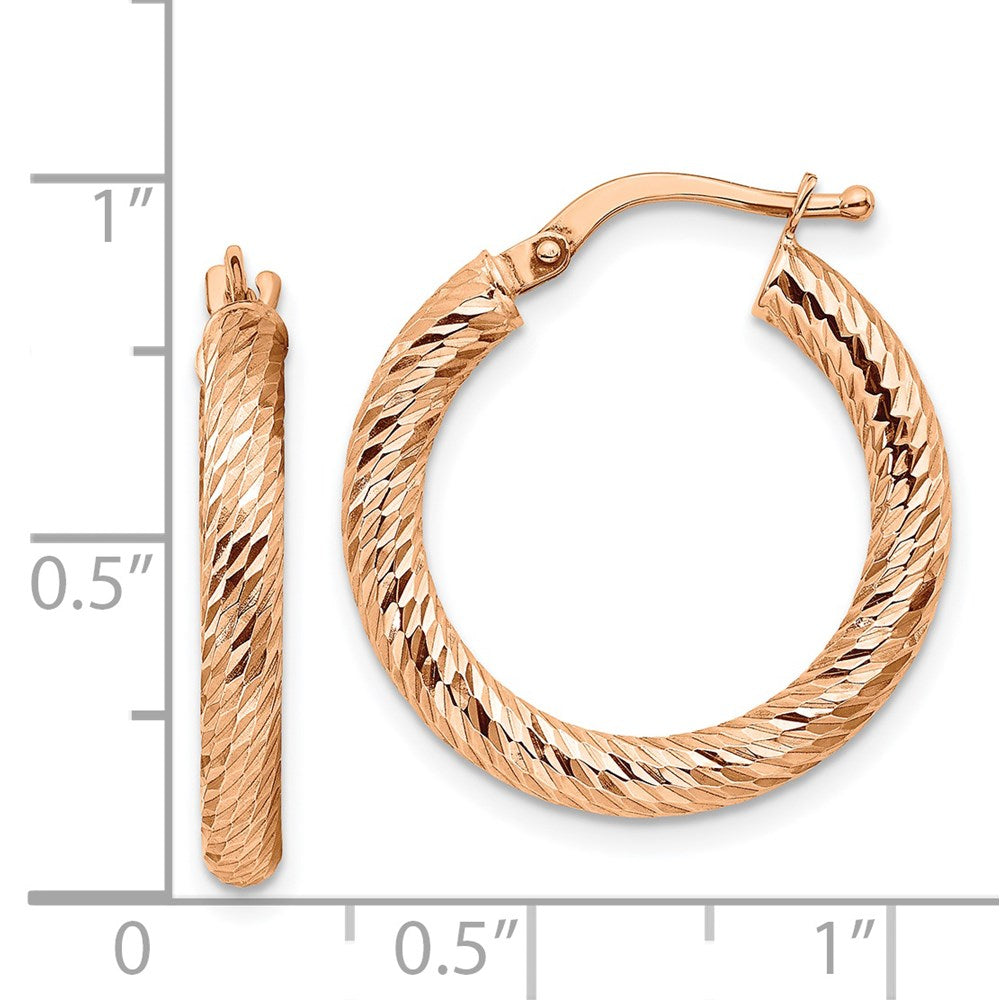 14K Rose Gold 3X20mm Diamond-Cut Round Hoop Earrings