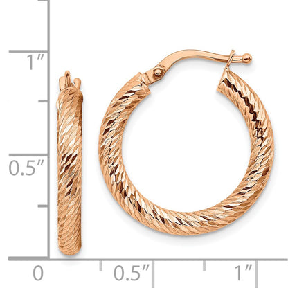 14K Rose Gold 3X20mm Diamond-Cut Round Hoop Earrings
