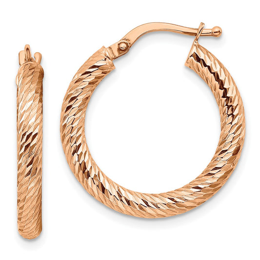 14K Rose Gold 3X20mm Diamond-Cut Round Hoop Earrings