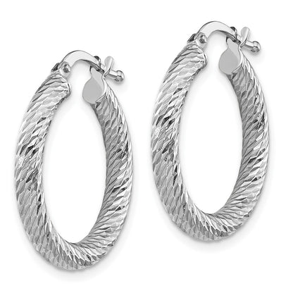 14K White Gold Polished 3mm Diamond-Cut Round Hoop Earrings