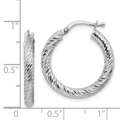 14K White Gold Polished 3mm Diamond-Cut Round Hoop Earrings