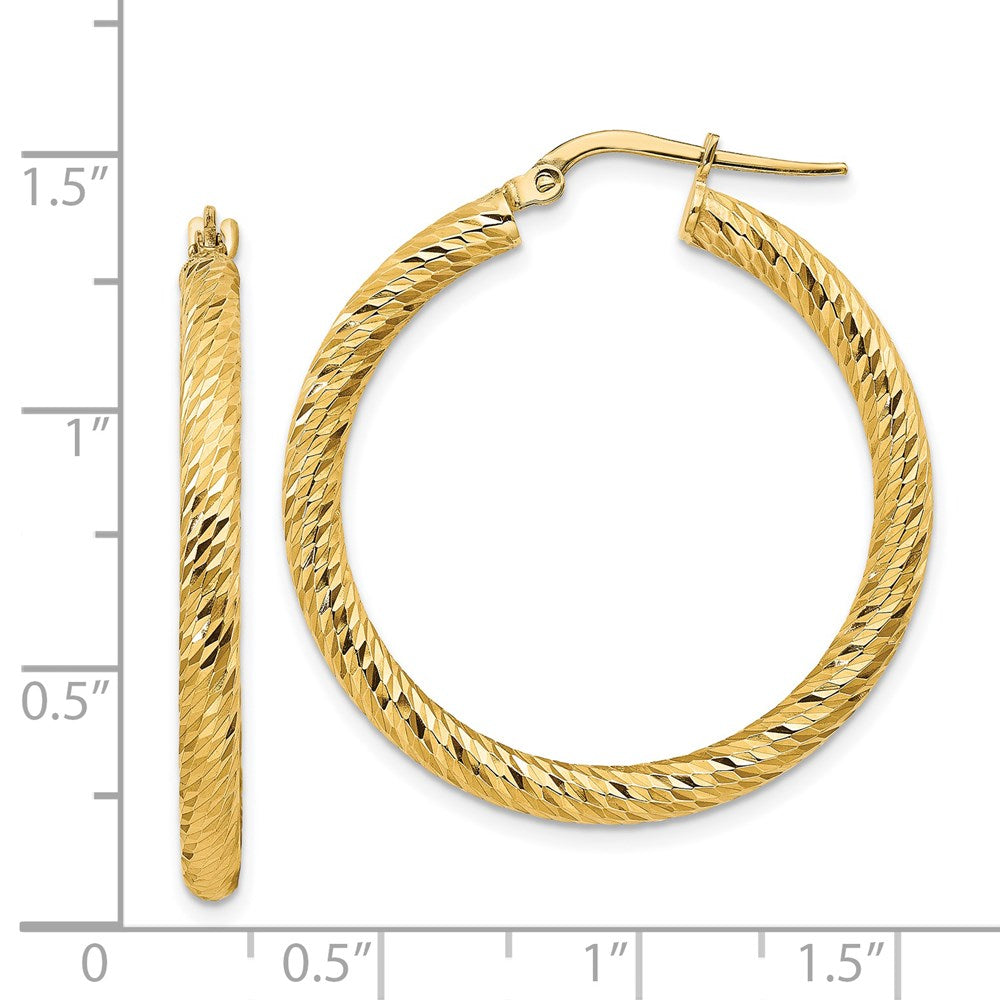 14K Yellow Gold 3X25mm Diamond-Cut Round Hoop Earrings