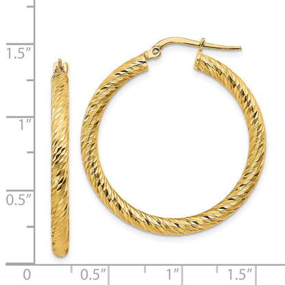 14K Yellow Gold 3X25mm Diamond-Cut Round Hoop Earrings