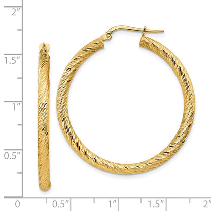 14K Yellow Gold Polished 3mm Diamond-Cut Round Hoop Earrings