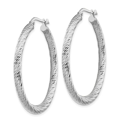 14K White Gold 3mm Polished Diamond-Cut Round Hoop Earrings