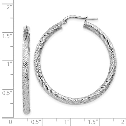 14K White Gold 3mm Polished Diamond-Cut Round Hoop Earrings
