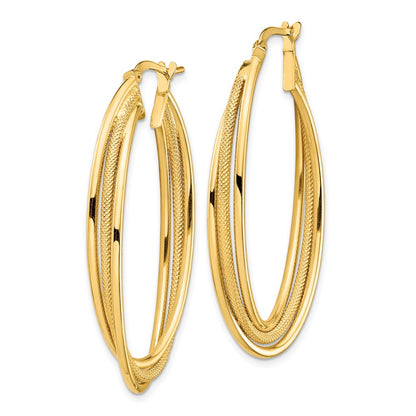 14K Yellow Gold Polished And Textured Twisted Fancy Oval Hoop Earrings