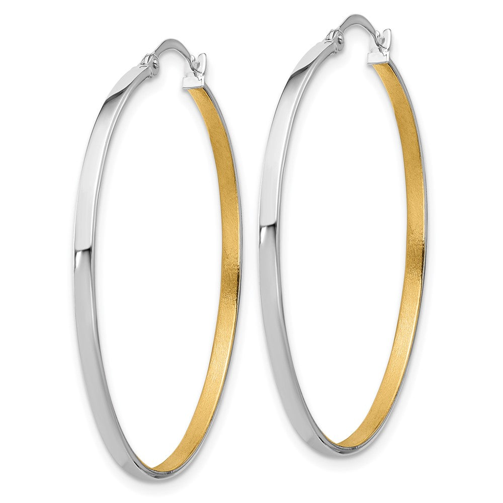 14K White Gold 14Kw W/Yellow Rhodium Polished And Brushed 2mm Hoop Earrings