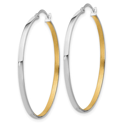 14K White Gold 14Kw W/Yellow Rhodium Polished And Brushed 2mm Hoop Earrings