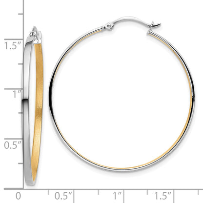 14K White Gold 14Kw W/Yellow Rhodium Polished And Brushed 2mm Hoop Earrings
