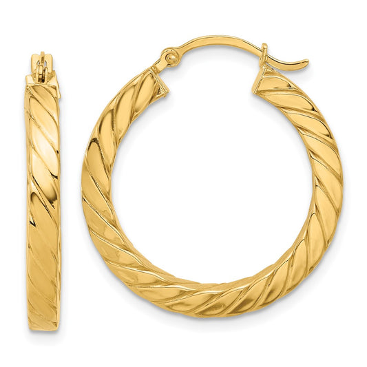 14K Yellow Gold Polished & Twisted 3mm Square Tube Hoop Earrings