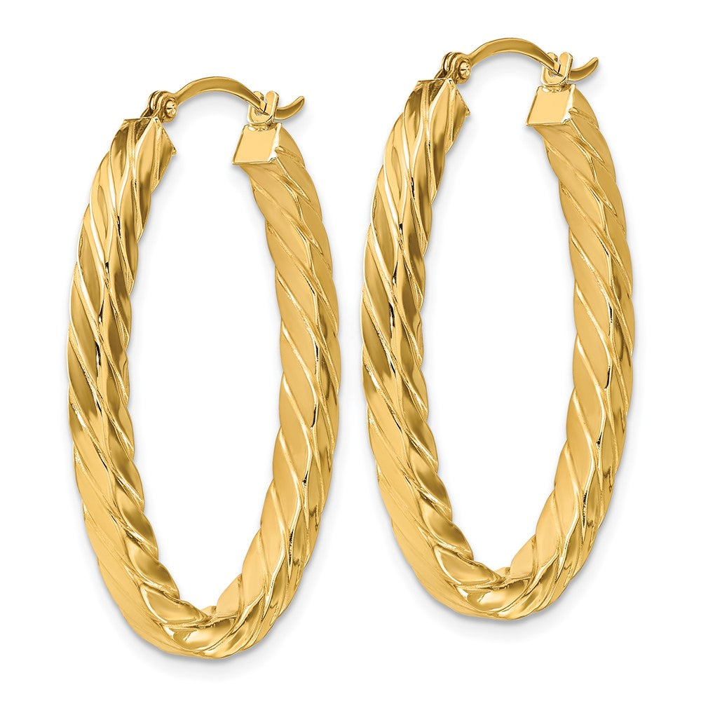14K Yellow Gold Polished & Twisted 3mm Square Tube Oval Hoop Earrings