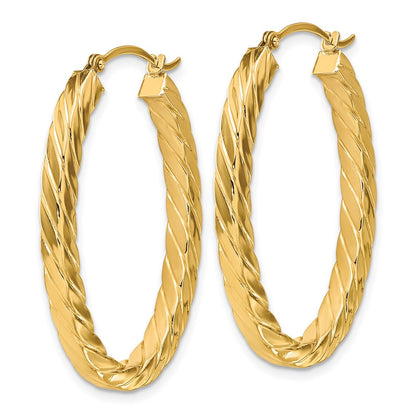 14K Yellow Gold Polished & Twisted 3mm Square Tube Oval Hoop Earrings