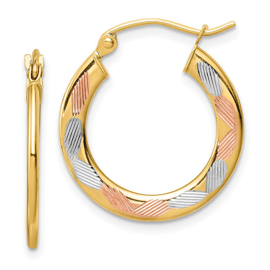 14K Yellow & Rhodium W/White And Rose Diamond-Cut Hoop Earrings