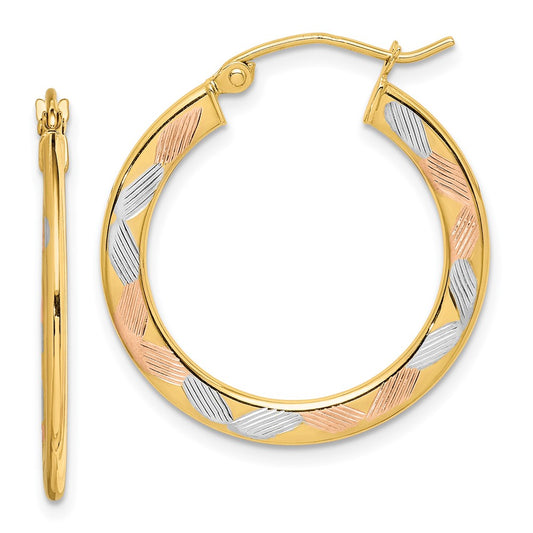 14K Yellow & Rhodium W/White And Rose Diamond-Cut Hoop Earrings