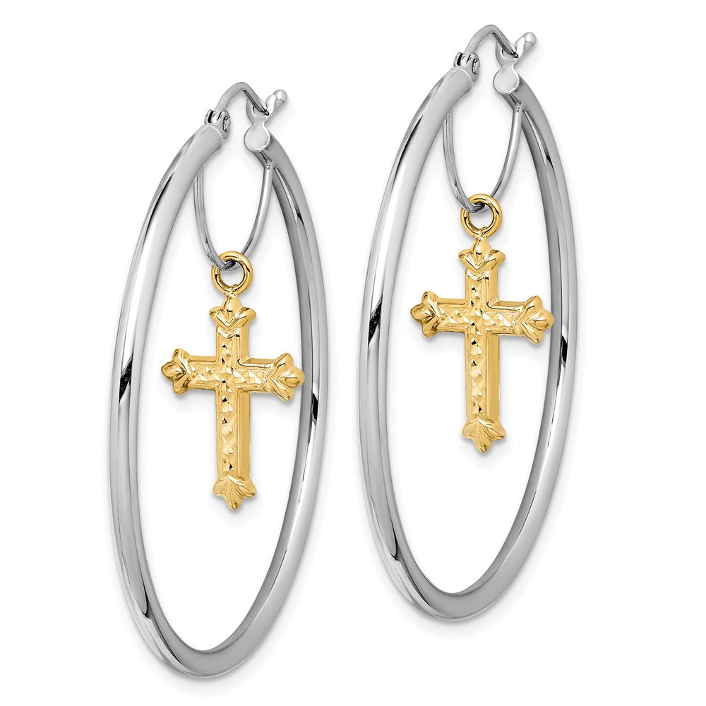 14K Two-Tone D/C Cross Dangle Hoop Earrings