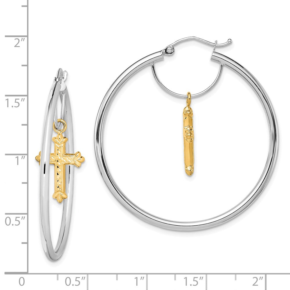 14K Two-Tone D/C Cross Dangle Hoop Earrings