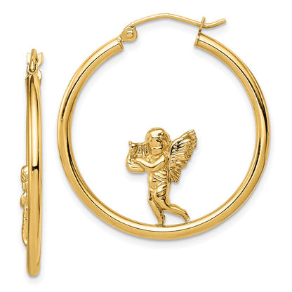14K Yellow Gold With Angel Hoop Earrings