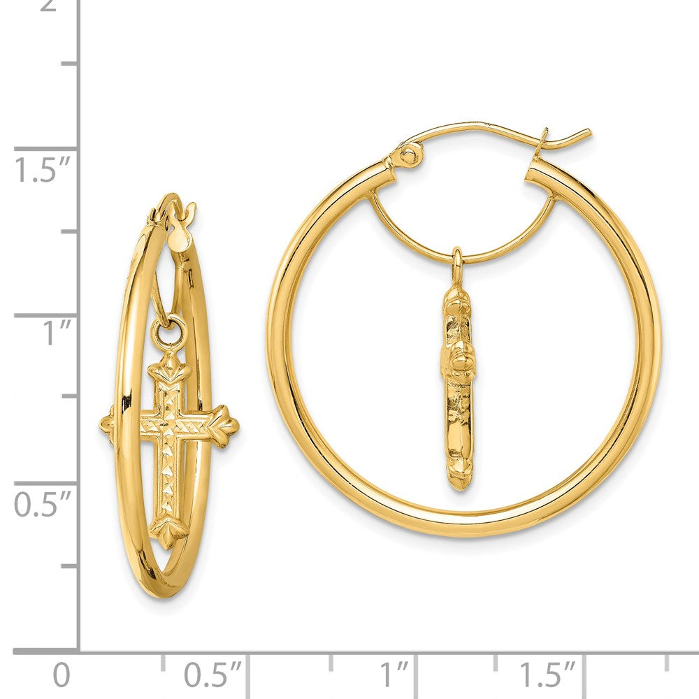 14K Yellow Gold With D/C Cross Dangle Hoop Earrings