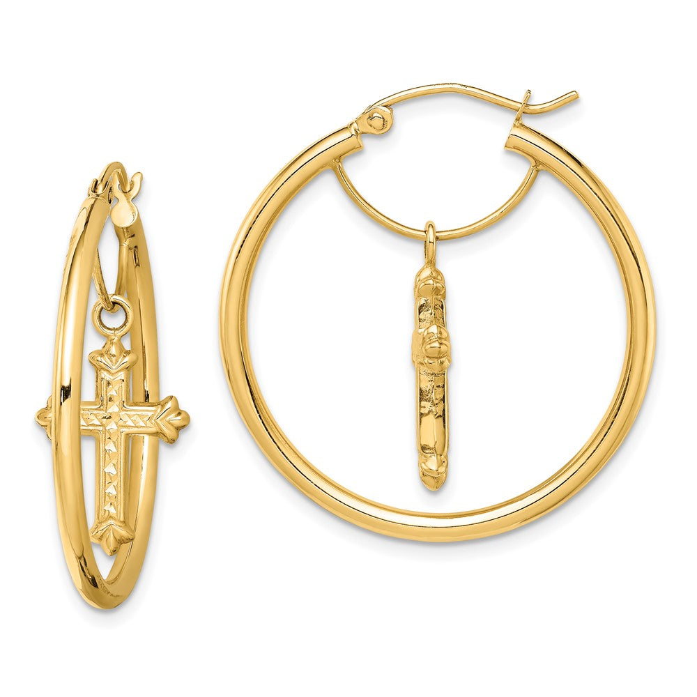 14K Yellow Gold With D/C Cross Dangle Hoop Earrings